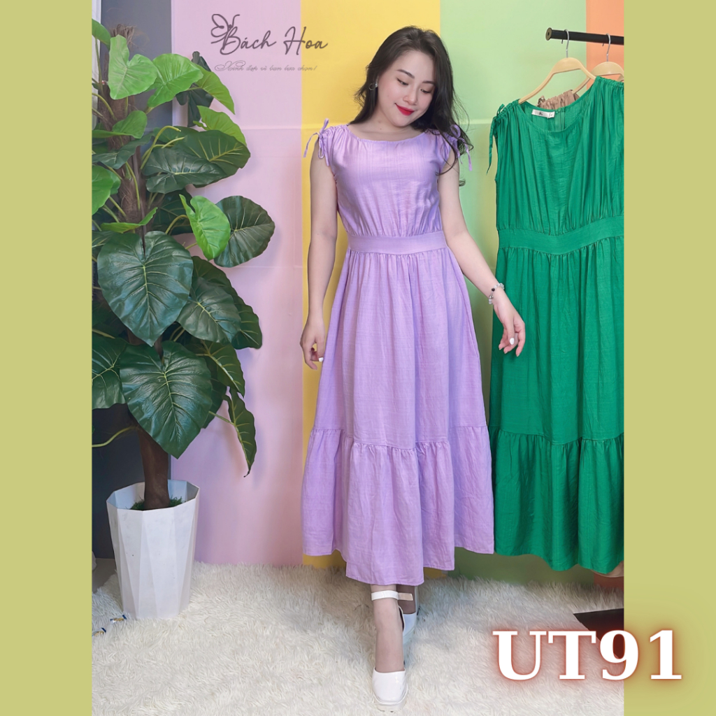 Đầm Maxi Lụa Linen Xước đơn giản dáng váy dài dây rút Cổ Thuyền - UT91