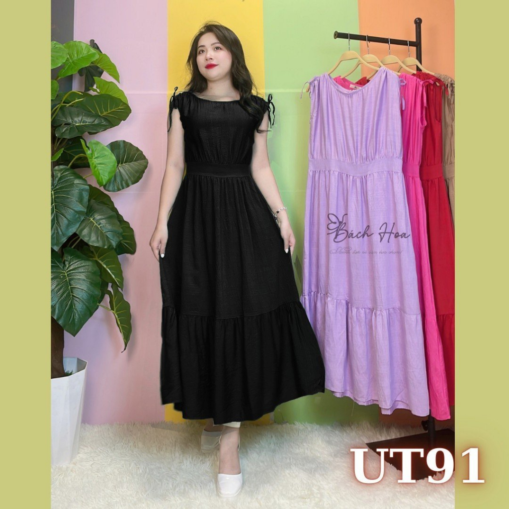 Đầm Maxi Lụa Linen Xước đơn giản dáng váy dài dây rút Cổ Thuyền - UT91