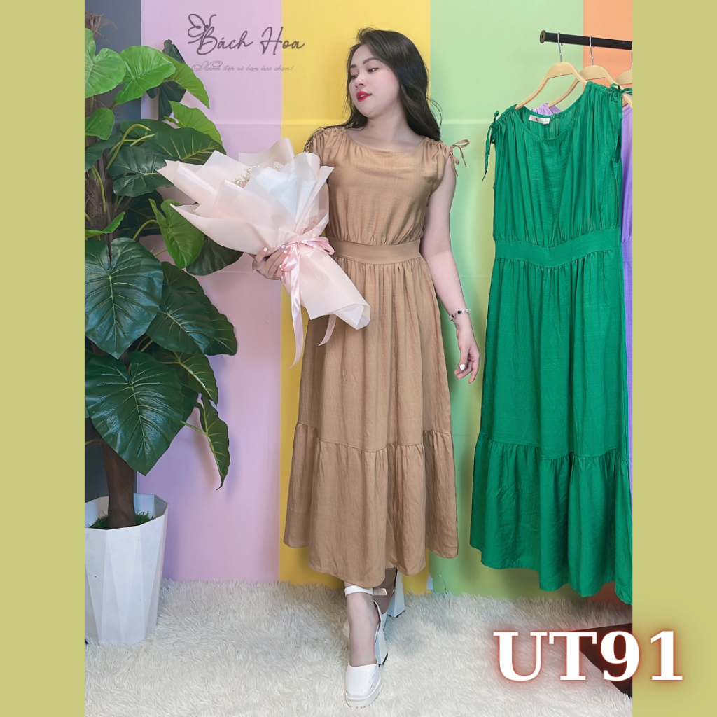 Đầm Maxi Lụa Linen Xước đơn giản dáng váy dài dây rút Cổ Thuyền - UT91