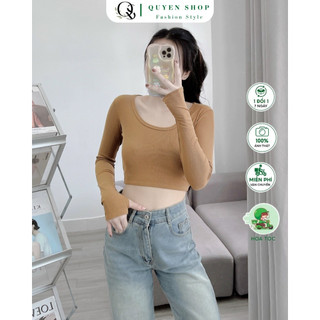 Áo thun croptop tay dài xỏ ngón_video+ảnh thật_qs quyen shop