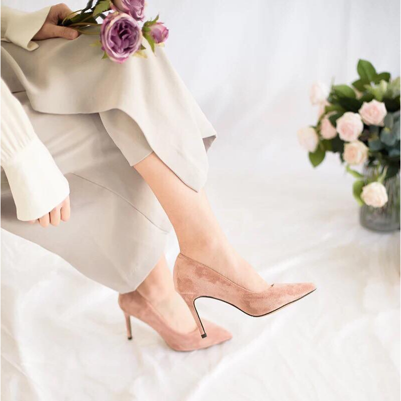 Giày Cao Gót Màu Nude Dạng Pump Da Lộn Tôn Dáng Dễ Phối Đồ Cho Nữ Công Sở, Dạo Phố, Dự Tiệc Cao Cấp Cao 9-11 Phân