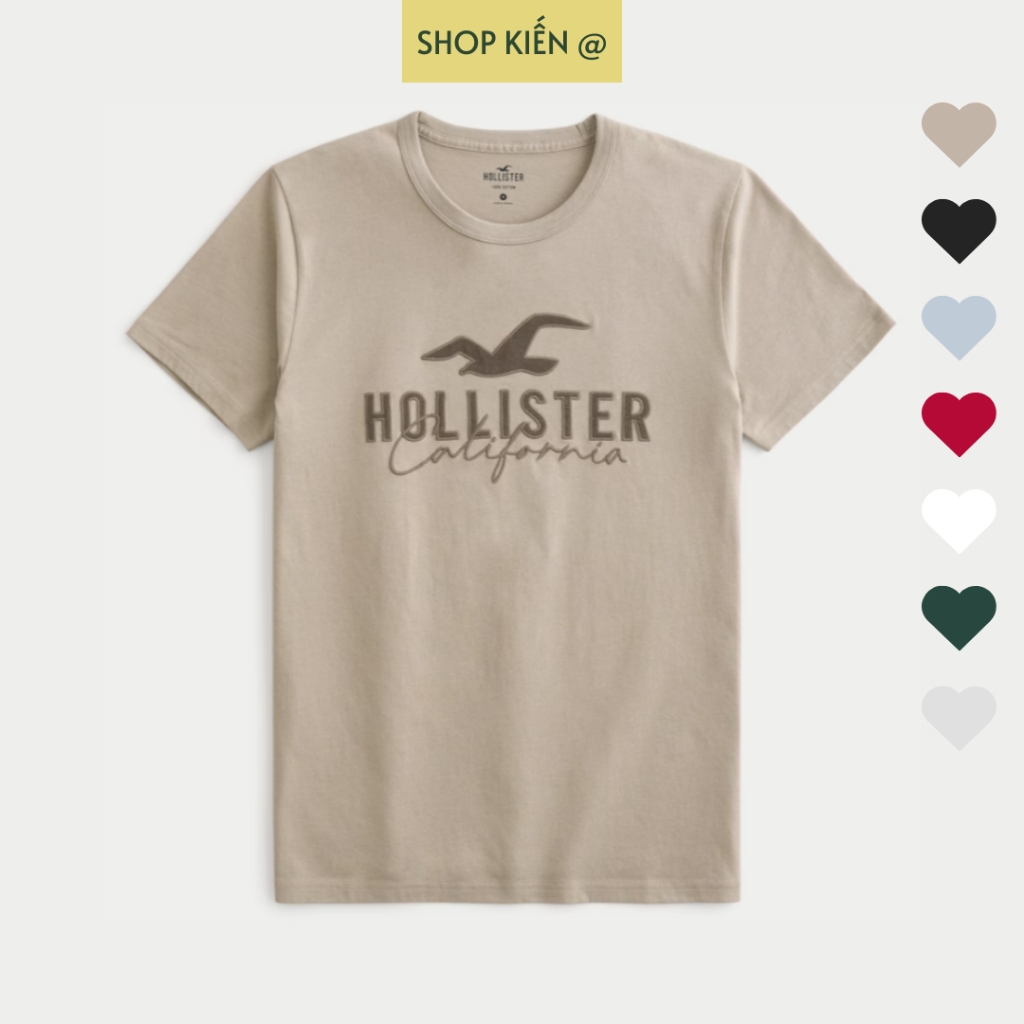 Áo phông chữ thêu nổi xuất dư Hollister chất cotton thấm mồ hôi cho nam nữ phong cách tối giản năng động