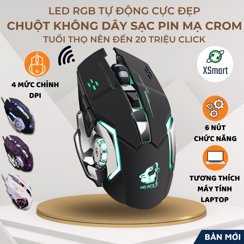 Chuột Ko Dây Pin Sạc X8 LED RGB AUTO 4 Mức DPI Chơi Game, Văn Phòng