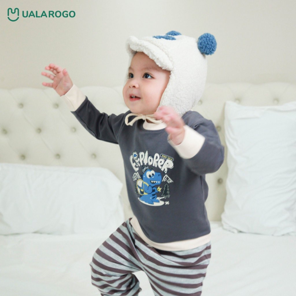 Bộ thu đông cho bé Ualarogo 1 - 5 tuổi vải Cotton nỉ dài tay cổ tròn bo ống giữ ấm mềm mại thoáng khí 3679