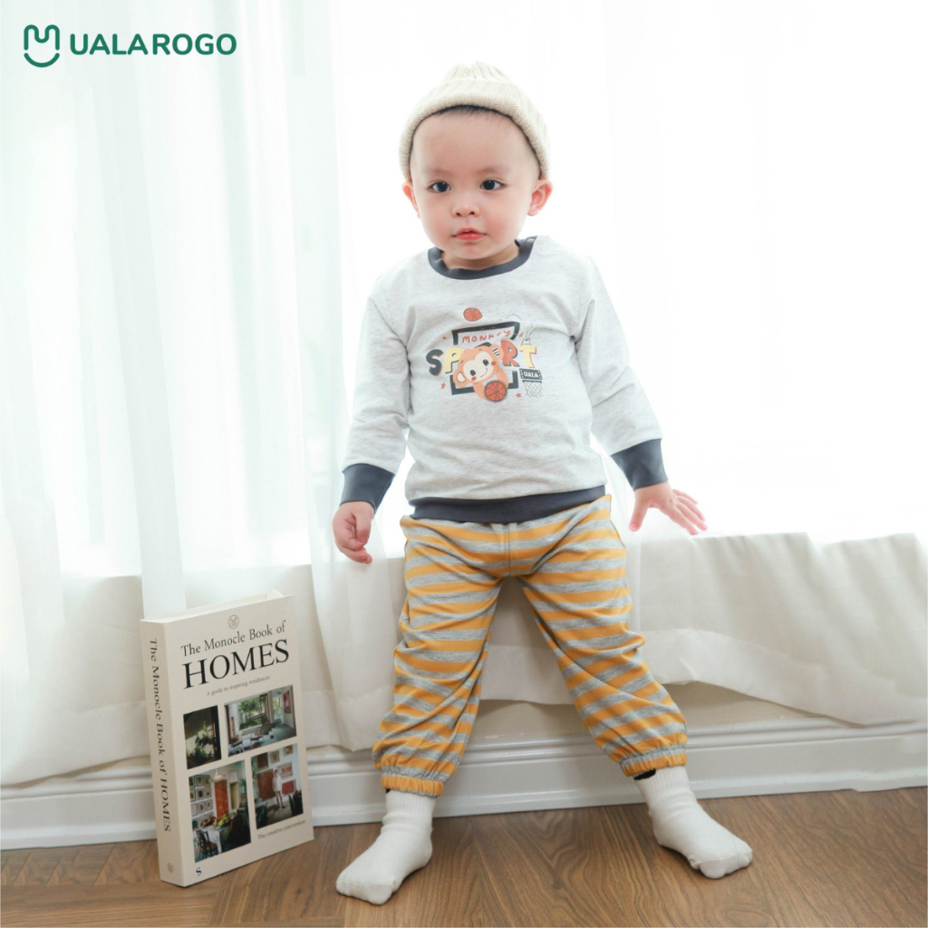 Bộ thu đông cho bé Ualarogo 1 - 5 tuổi vải Cotton nỉ dài tay cổ tròn bo ống giữ ấm mềm mại thoáng khí 3679