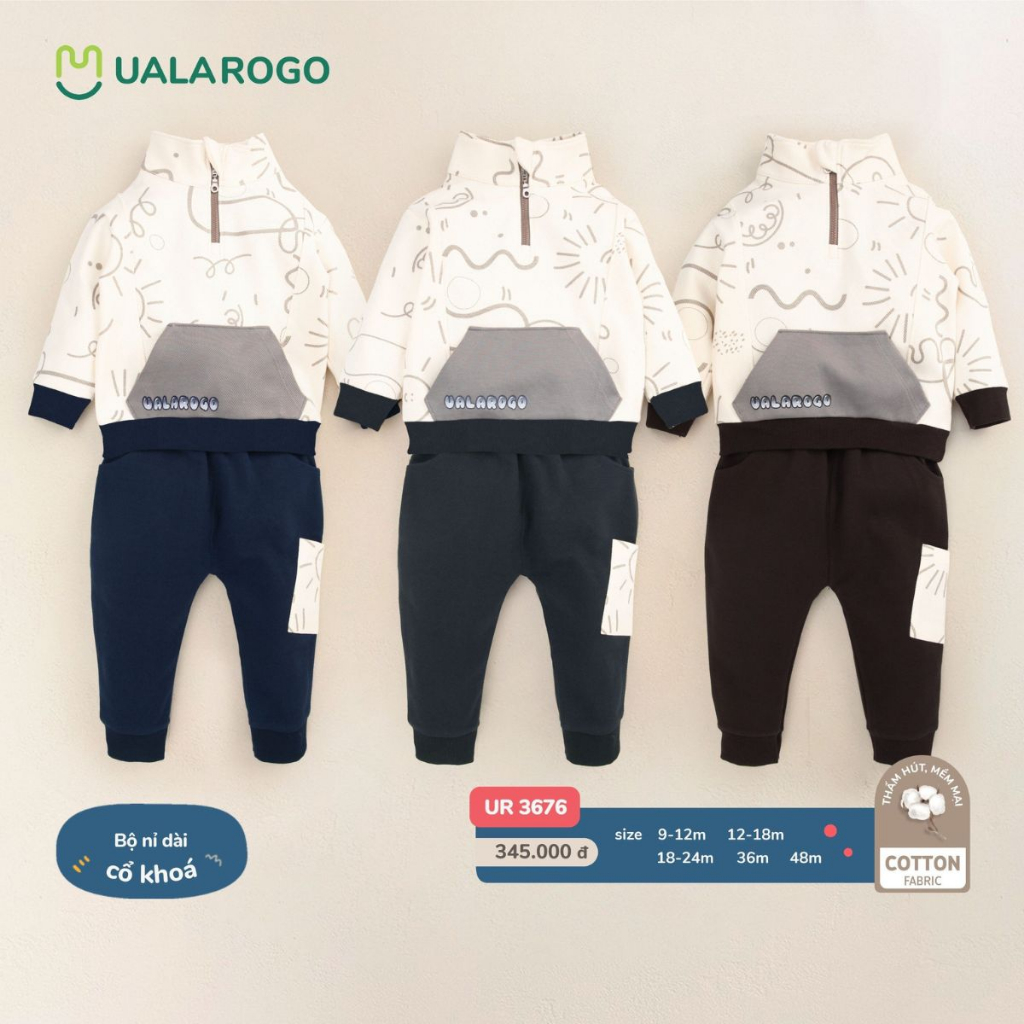 Bộ thu đông cho bé Ualarogo 9 tháng - 4 tuổi vải Cotton nỉ dài tay cổ khoá bo ống giữ ấm mềm mại thoáng khí 3676