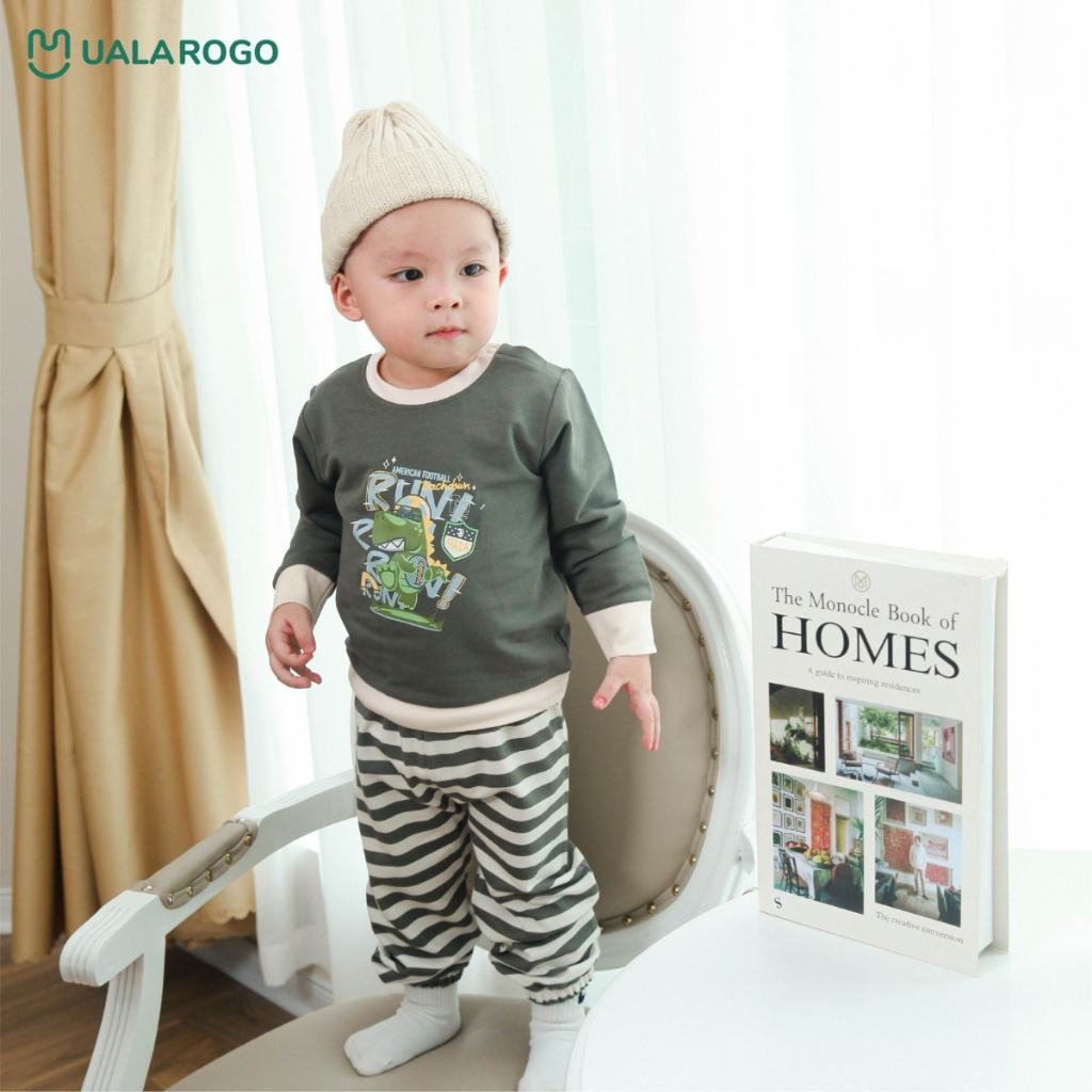 Bộ thu đông cho bé Ualarogo 1 - 5 tuổi vải Cotton nỉ dài tay cổ tròn bo ống giữ ấm mềm mại thoáng khí 3679