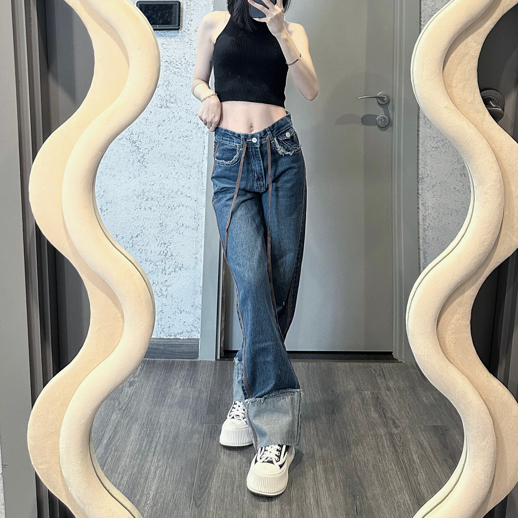 Quần jean nữ LYB ống rộng gấu gập cá tính trẻ trung năng động màu xanh 1761 | BigBuy360 - bigbuy360.vn
