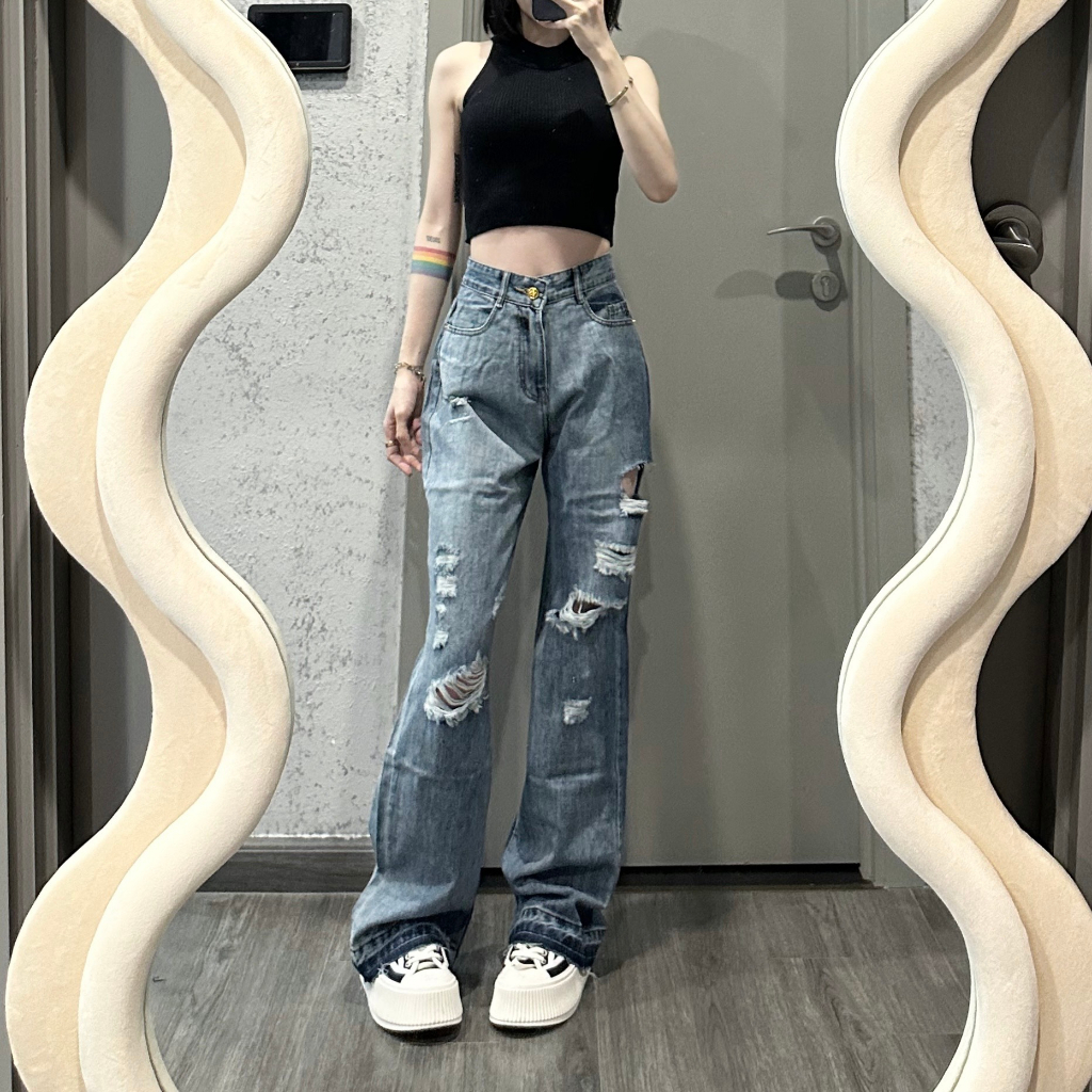 Quần jean ống suông LYB rách gối cá tính đường phố màu xanh nhạt 4324