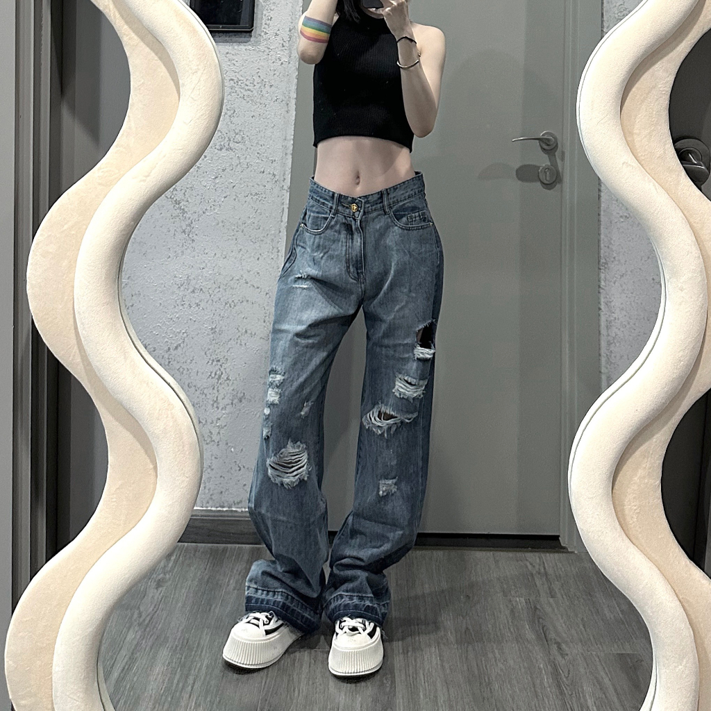 Quần jean ống suông LYB rách gối cá tính đường phố màu xanh nhạt 4324 | BigBuy360 - bigbuy360.vn