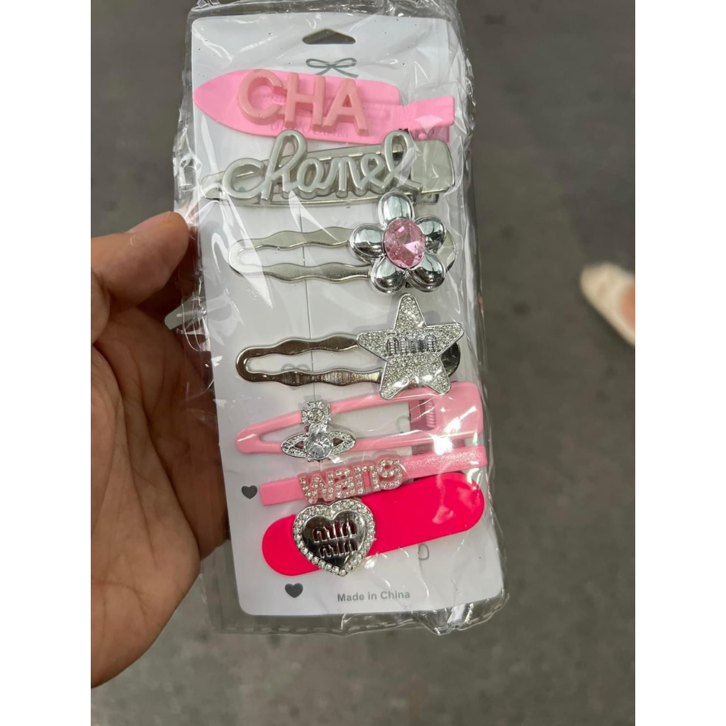 Set 7 kẹp tóc kim loại black.pink đính đá cao cấp