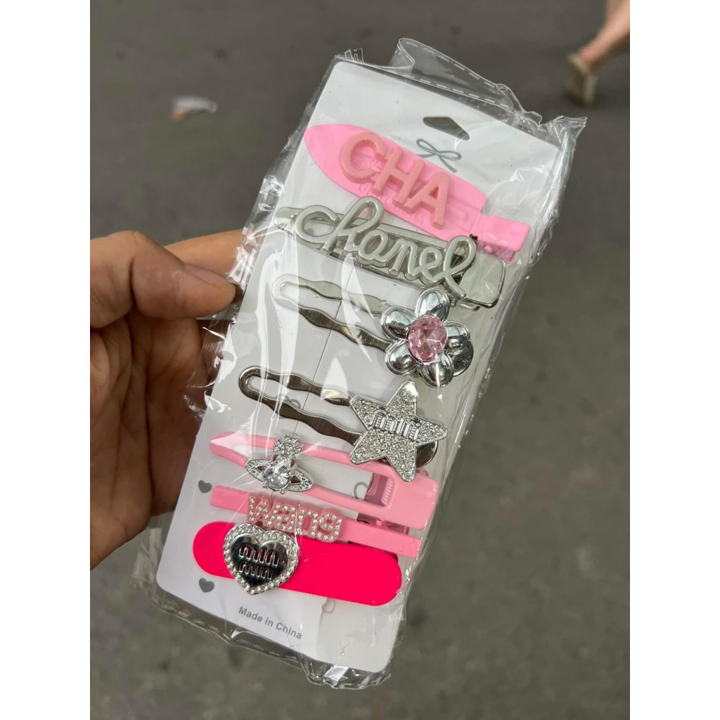 Set 7 kẹp tóc kim loại black.pink đính đá cao cấp