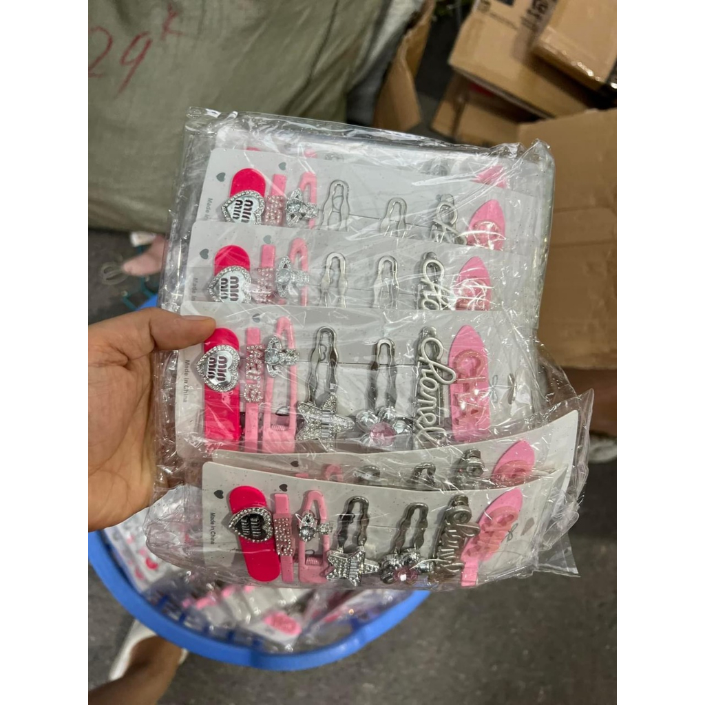 Set 7 kẹp tóc kim loại black.pink đính đá cao cấp