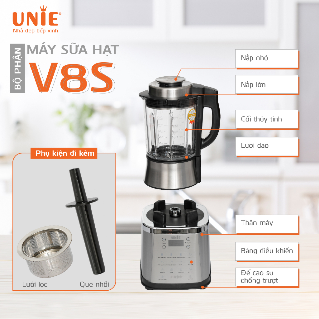 Máy làm sữa hạt UNIE V9S V8S chính hãng 84.000 vòng/ phút, gioăng chống trào tuyệt đối 5 lớp sản phẩm chính hãng