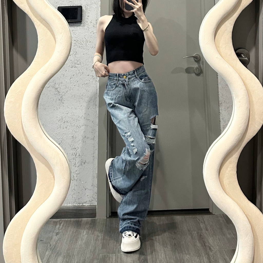 Quần jean ống suông LYB rách gối cá tính đường phố màu xanh nhạt 4324 | BigBuy360 - bigbuy360.vn