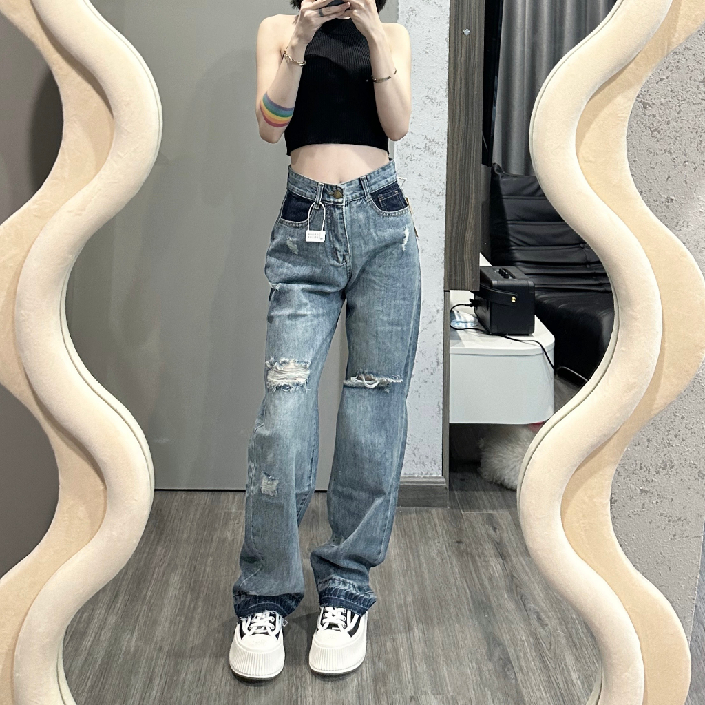 Quần bò ống rộng LYB rách gối cạp cao phong cách hàn quốc màu xanh 83638 | BigBuy360 - bigbuy360.vn