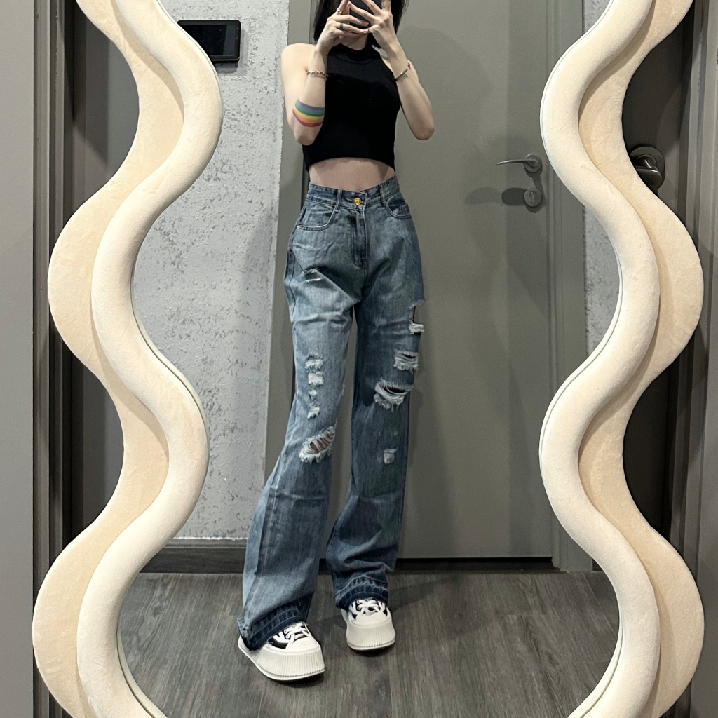 Quần jean ống suông LYB rách gối cá tính đường phố màu xanh nhạt 4324 | BigBuy360 - bigbuy360.vn