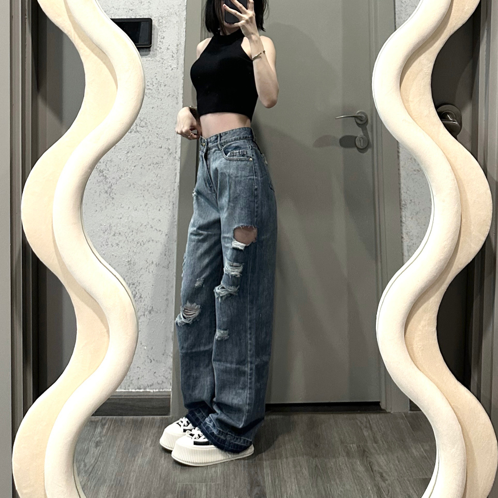 Quần jean ống suông LYB rách gối cá tính đường phố màu xanh nhạt 4324 | BigBuy360 - bigbuy360.vn