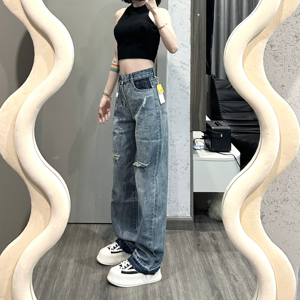 Quần bò ống rộng LYB rách gối cạp cao phong cách hàn quốc màu xanh 83638 | BigBuy360 - bigbuy360.vn