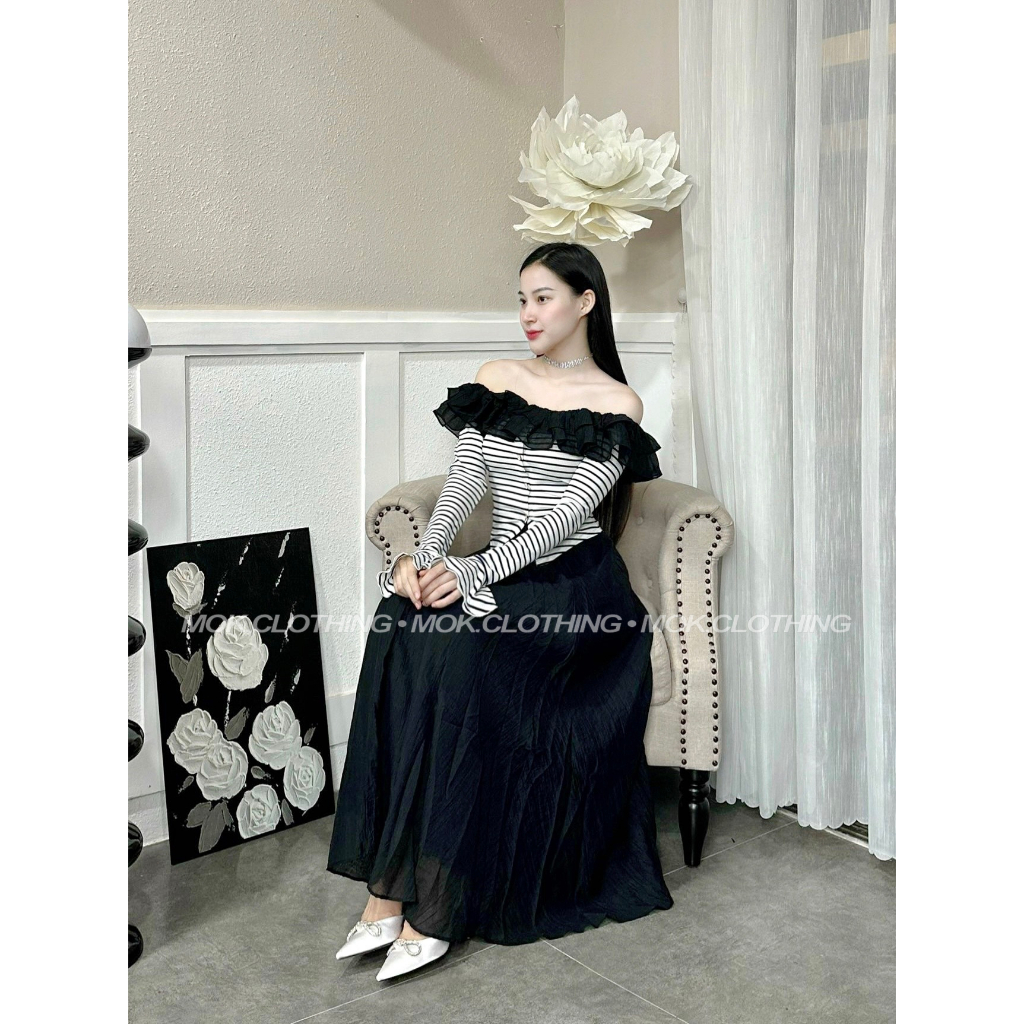 Set đồ nữ áo trễ vai phối bèo dài tay mix chân váy dài dáng xoè siêu xinh xắn a9 - nx3961