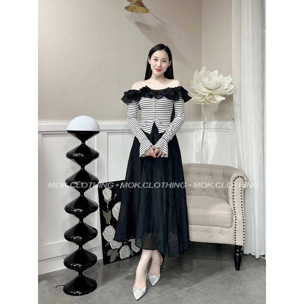 Set đồ nữ áo trễ vai phối bèo dài tay mix chân váy dài dáng xoè siêu xinh xắn a9 - nx3961