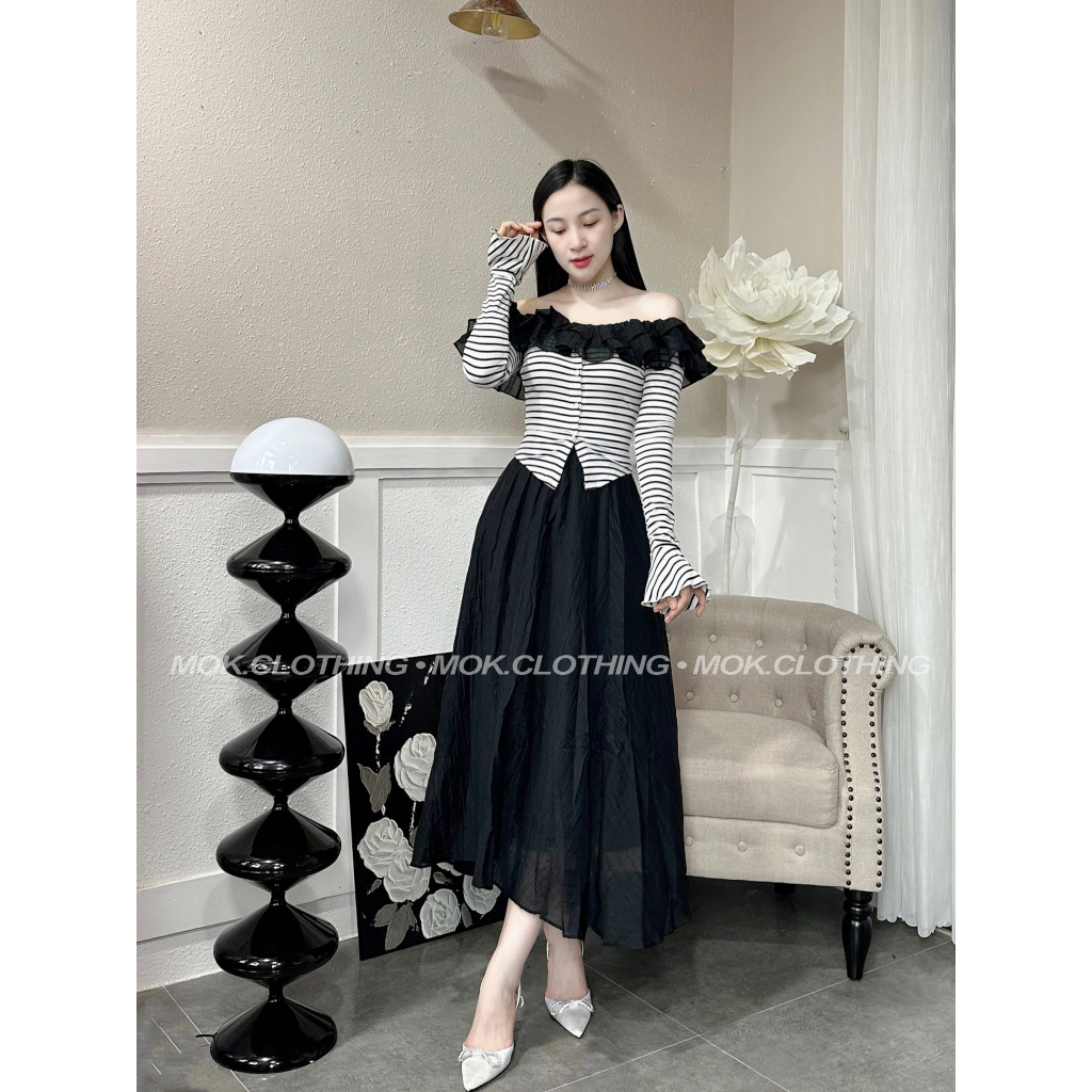 Set đồ nữ áo trễ vai phối bèo dài tay mix chân váy dài dáng xoè siêu xinh xắn a9 - nx3961