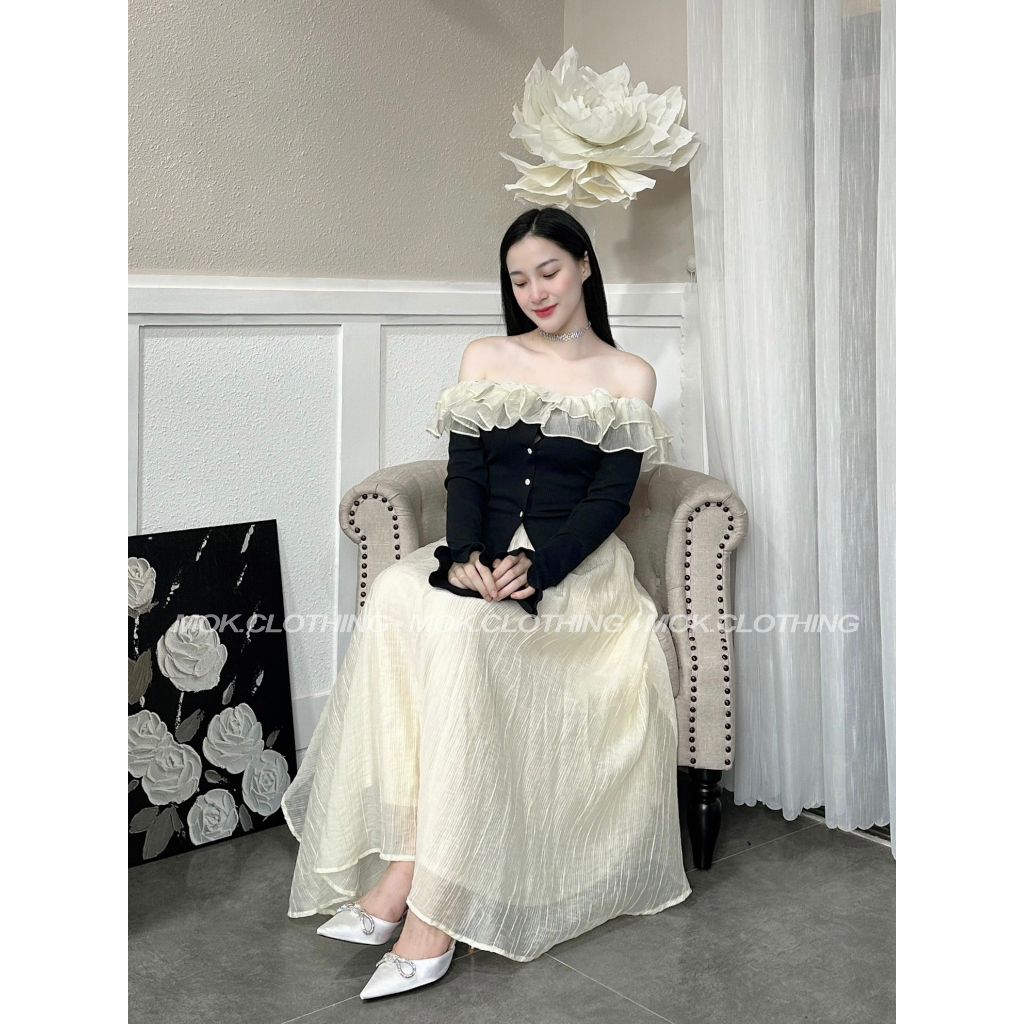 Set đồ nữ áo trễ vai phối bèo dài tay mix chân váy dài dáng xoè siêu xinh xắn a9 - nx3961