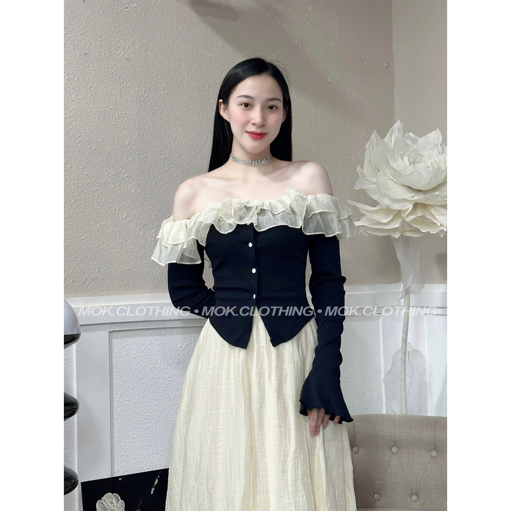 Set đồ nữ áo trễ vai phối bèo dài tay mix chân váy dài dáng xoè siêu xinh xắn a9 - nx3961