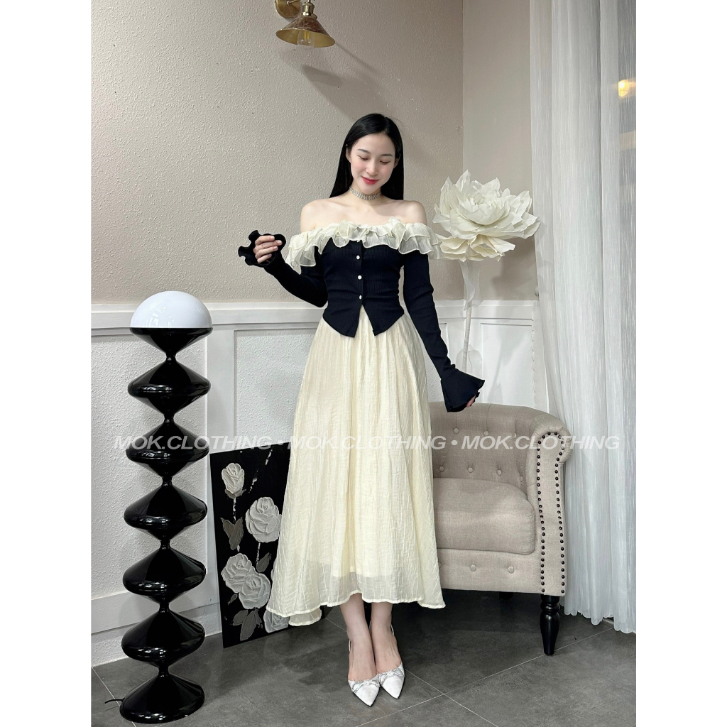 Set đồ nữ áo trễ vai phối bèo dài tay mix chân váy dài dáng xoè siêu xinh xắn a9 - nx3961