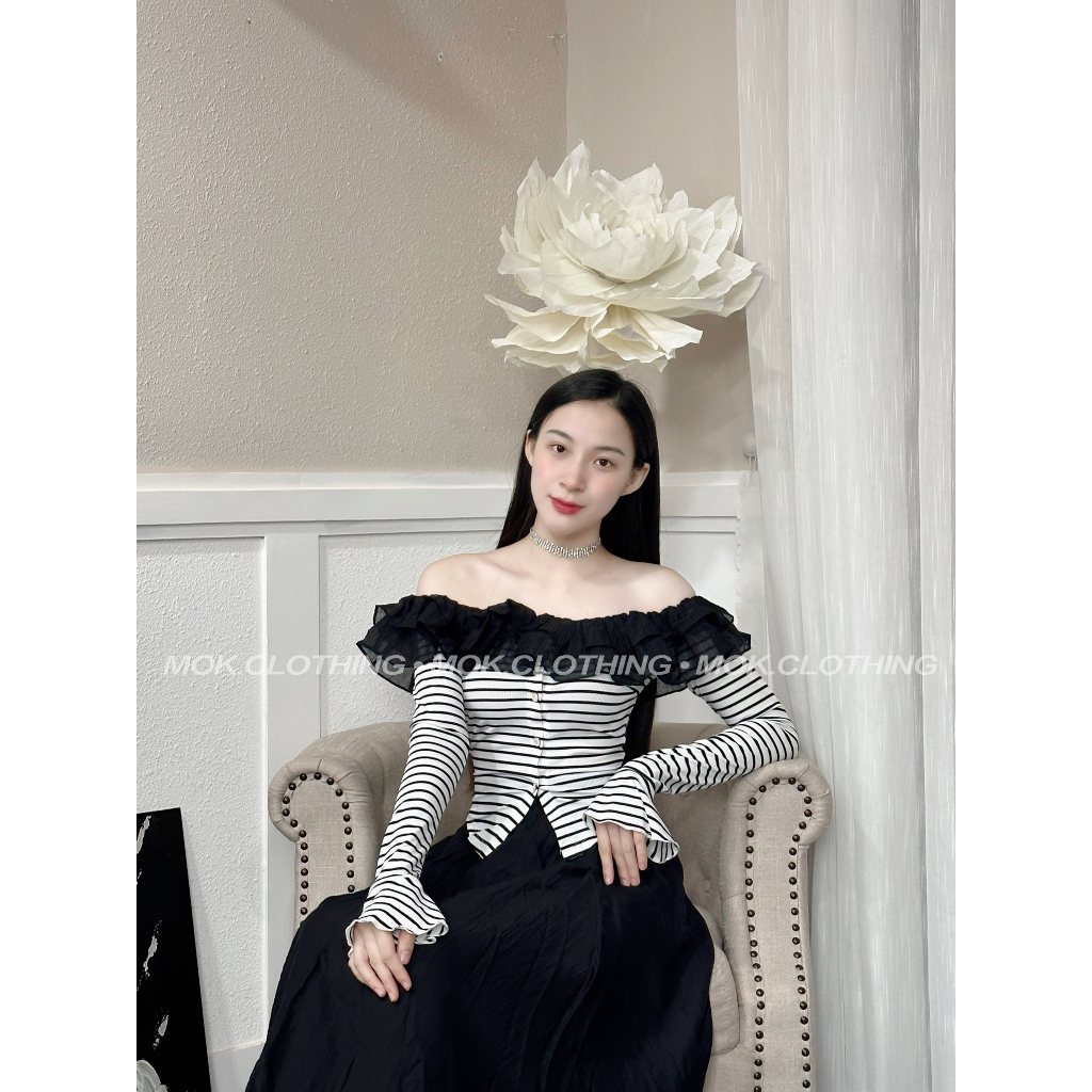 Set đồ nữ áo trễ vai phối bèo dài tay mix chân váy dài dáng xoè siêu xinh xắn a9 - nx3961