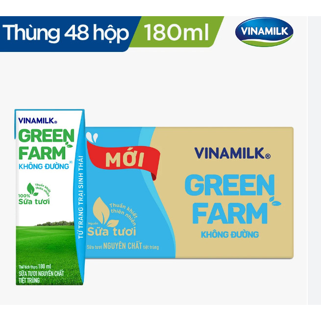 Thùng 48 Sữa Tươi Tiệt Trùng Vinamilk Green Farm - Sữa Tươi 100% KHÔNG ĐƯỜNG 180ML
