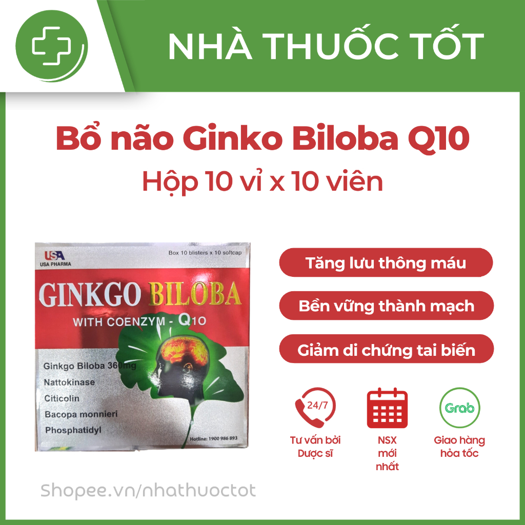 Hoạt huyết dưỡng não Ginkgo Biloba with Coenzyme Q10 - Bổ não, tăng tuần hoàn máu não, giảm căng thẳng
