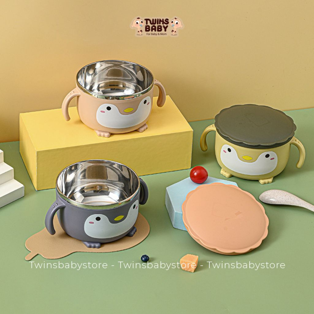 Bát ăn cơm, bát ăn mì, bát ăn dặm cho bé inox hình chim cánh cụt dễ thương, có nắp đậy kèm thìa