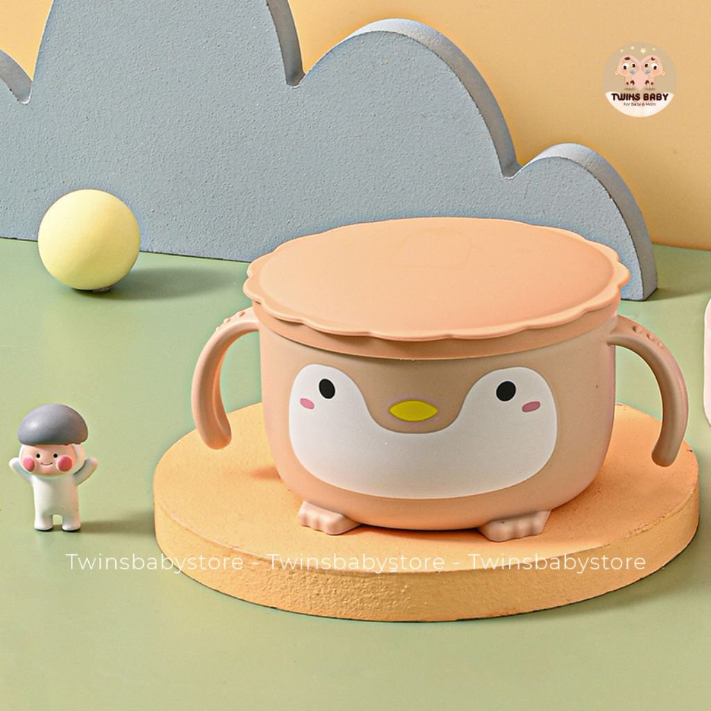 Bát ăn cơm, bát ăn mì, bát ăn dặm cho bé inox hình chim cánh cụt dễ thương, có nắp đậy kèm thìa