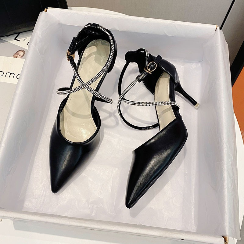 Giày cao gót mũi nhọn, giày nữ bít gót phối dây đá sang trọng cao 7p - Mã C23