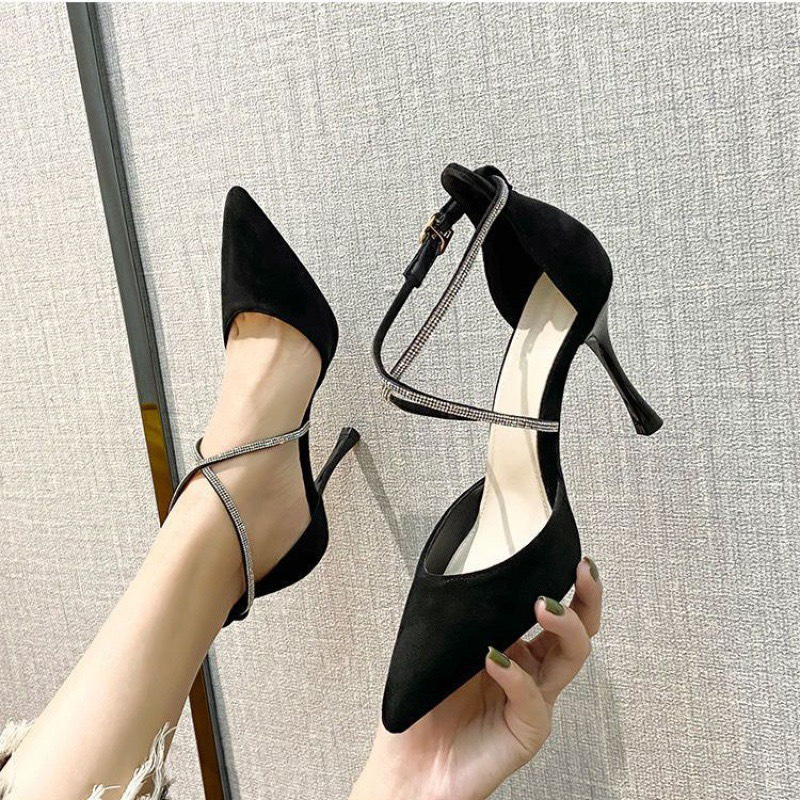 Giày cao gót mũi nhọn, giày nữ bít gót phối dây đá sang trọng cao 7p - Mã C23
