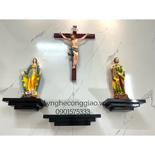 Bàn thờ chúa tượng composit phun cách điệu, bàn thờ vuông gỗ sồi phun đen | kệ gỗ treo tường