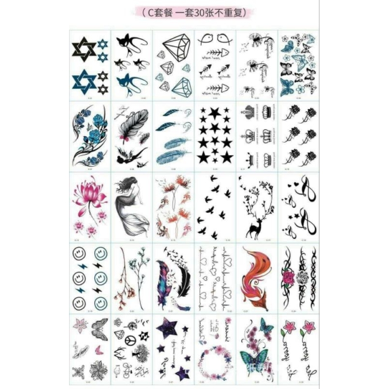 Hình Xăm Tạm Thời Chống Thấm Nước 1 Set 30 Tấm Hình Khác Nhau