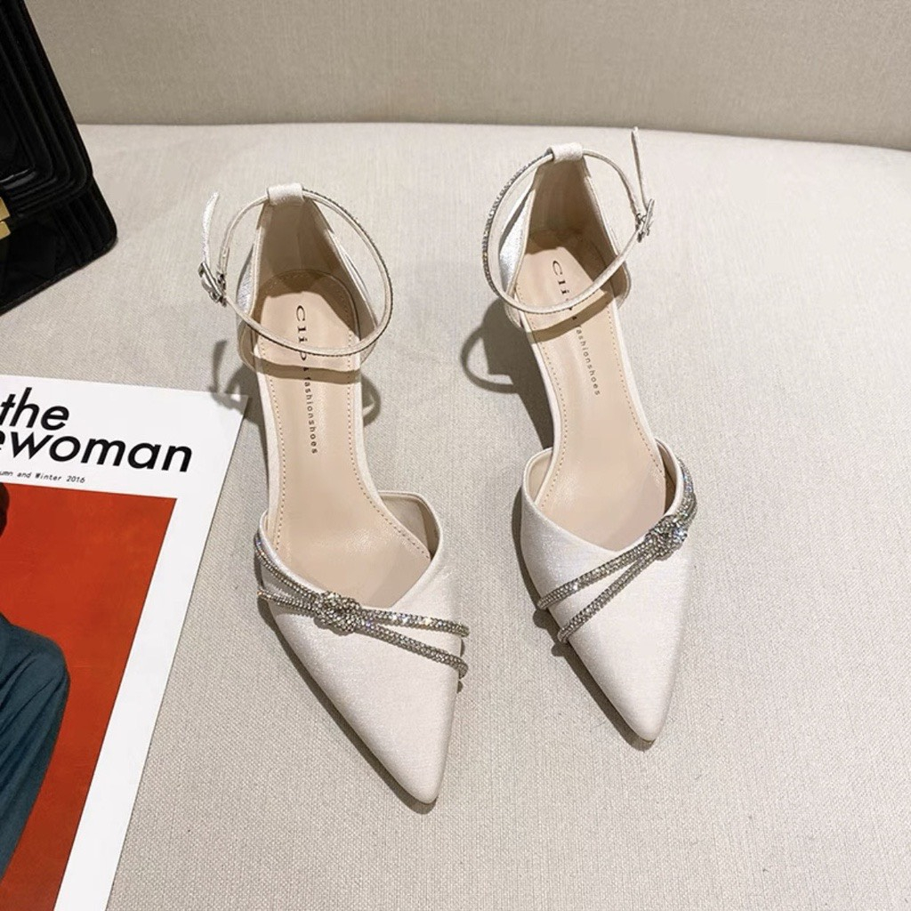 Giày cao gót mũi nhọn, giày nữ bít mũi gót nhọn 7p phối dây đá thắt kiểu - mã C26