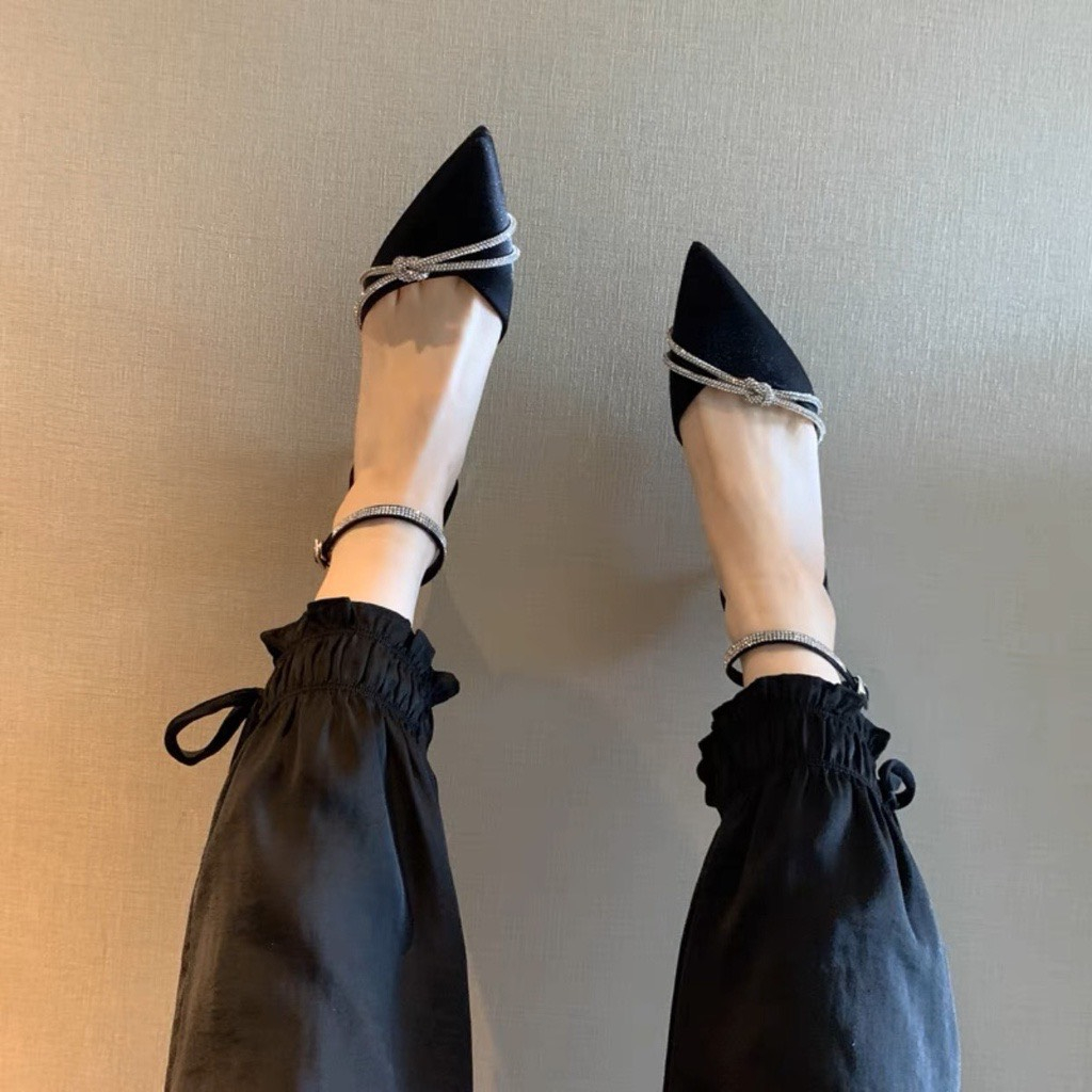 Giày cao gót mũi nhọn, giày nữ bít mũi gót nhọn 7p phối dây đá thắt kiểu - mã C26