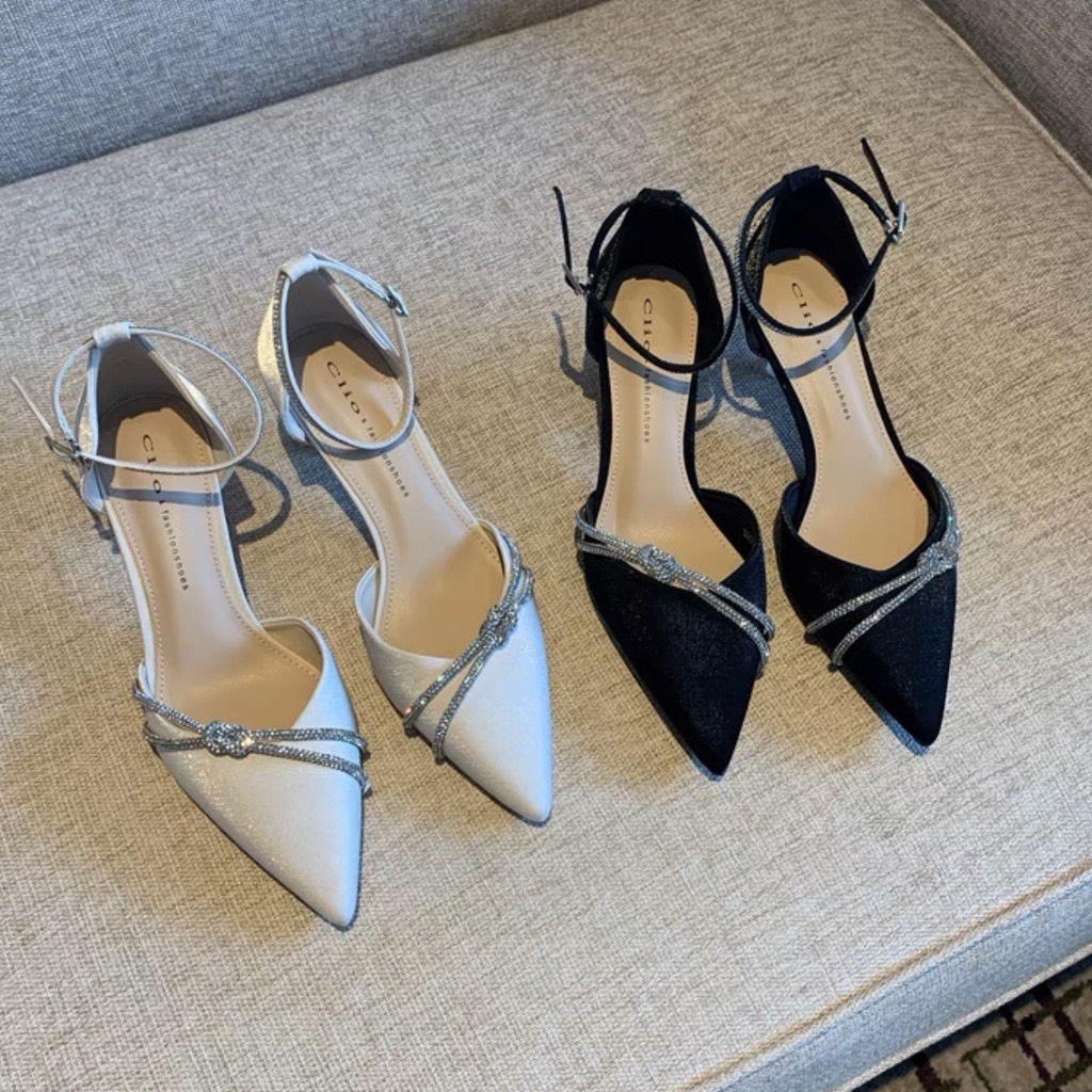 Giày cao gót mũi nhọn, giày nữ bít mũi gót nhọn 7p phối dây đá thắt kiểu - mã C26