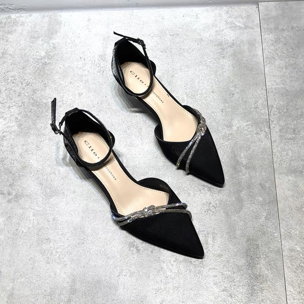 Giày cao gót mũi nhọn, giày nữ bít mũi gót nhọn 7p phối dây đá thắt kiểu - mã C26