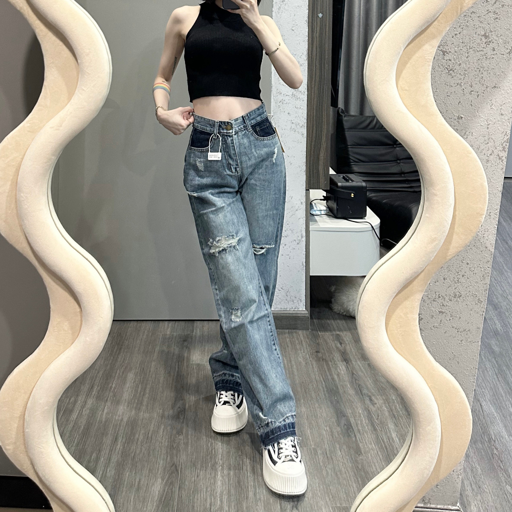 Quần bò ống rộng TALOFA rách gối cạp cao phong cách hàn quốc màu xanh 83638 | BigBuy360 - bigbuy360.vn