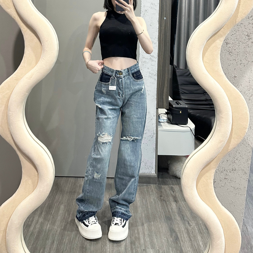 Quần bò ống rộng TALOFA rách gối cạp cao phong cách hàn quốc màu xanh 83638 | BigBuy360 - bigbuy360.vn