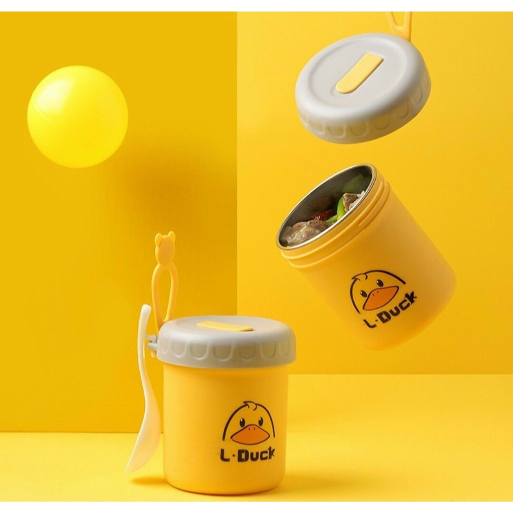 Bình Ủ Cháo Giữ Nhiệt Kèm Thìa Ruột Inox304 In Hình Vịt Vàng Dung Tích 450Ml