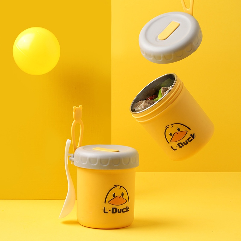 Bình Ủ Cháo Giữ Nhiệt Kèm Thìa Ruột Inox304 In Hình Vịt Vàng Dung Tích 450Ml