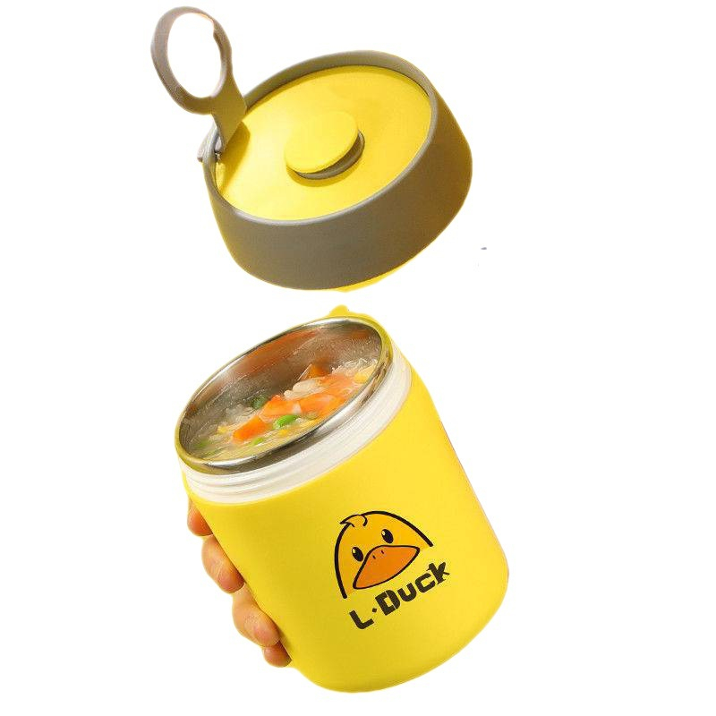Bình Ủ Cháo Giữ Nhiệt Kèm Thìa Ruột Inox304 In Hình Vịt Vàng Dung Tích 450Ml