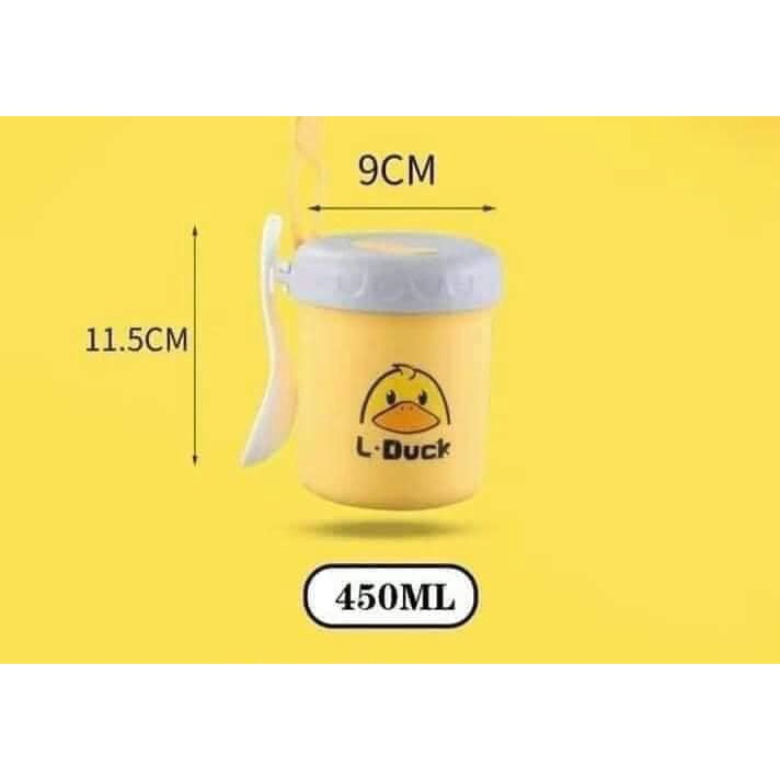 Bình Ủ Cháo Giữ Nhiệt Kèm Thìa Ruột Inox304 In Hình Vịt Vàng Dung Tích 450Ml