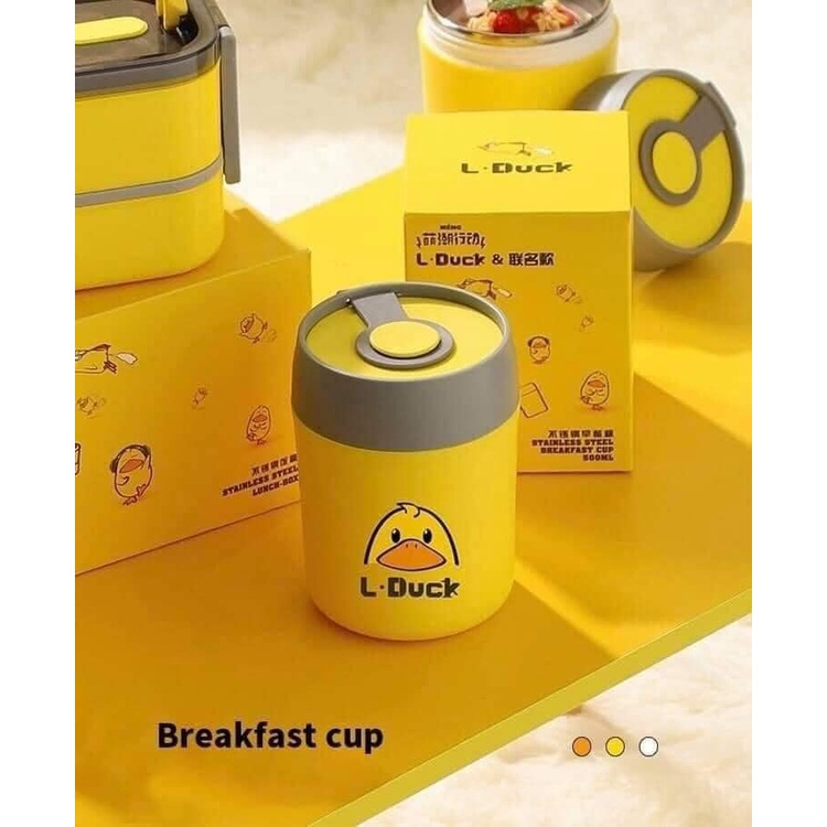 Bình Ủ Cháo Giữ Nhiệt Kèm Thìa Ruột Inox304 In Hình Vịt Vàng Dung Tích 450Ml