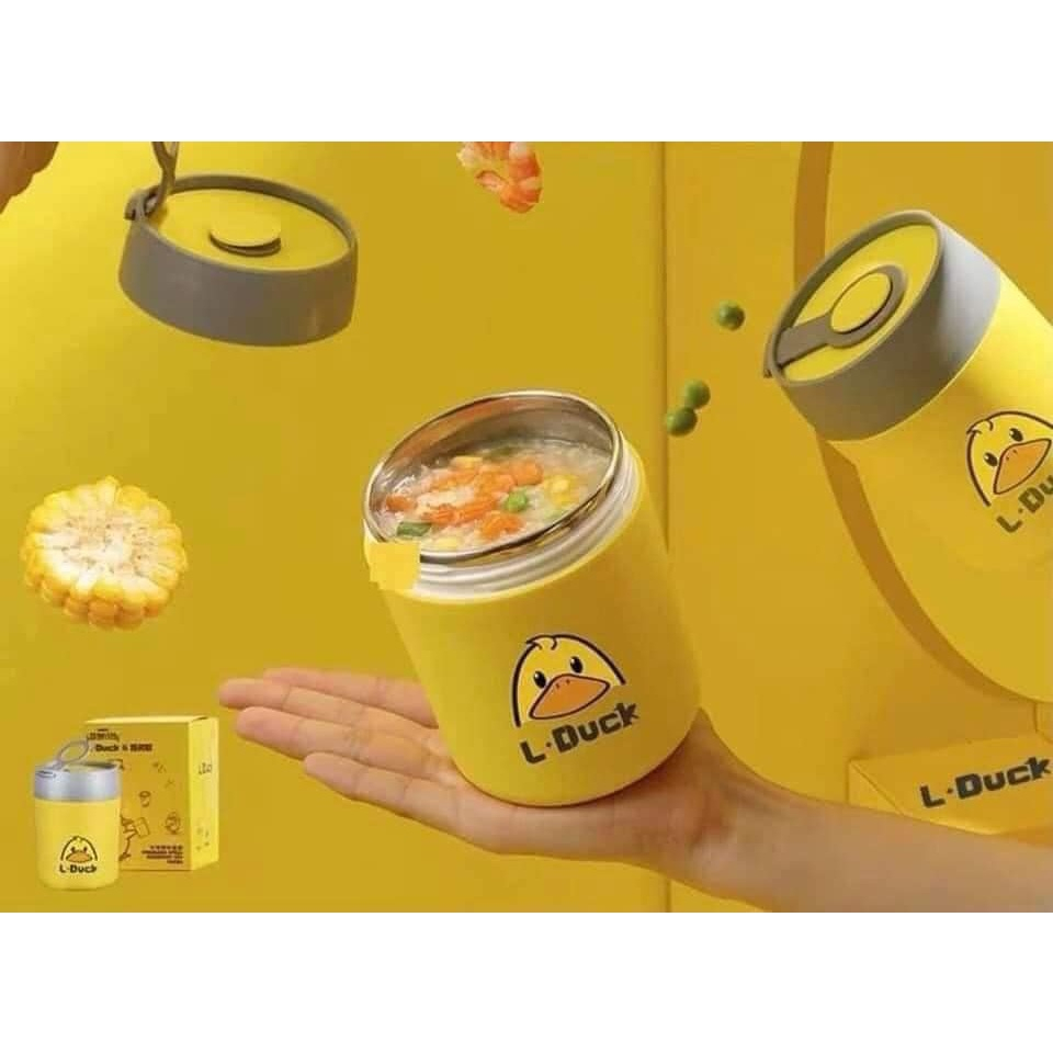 Bình Ủ Cháo Giữ Nhiệt Kèm Thìa Ruột Inox304 In Hình Vịt Vàng Dung Tích 450Ml